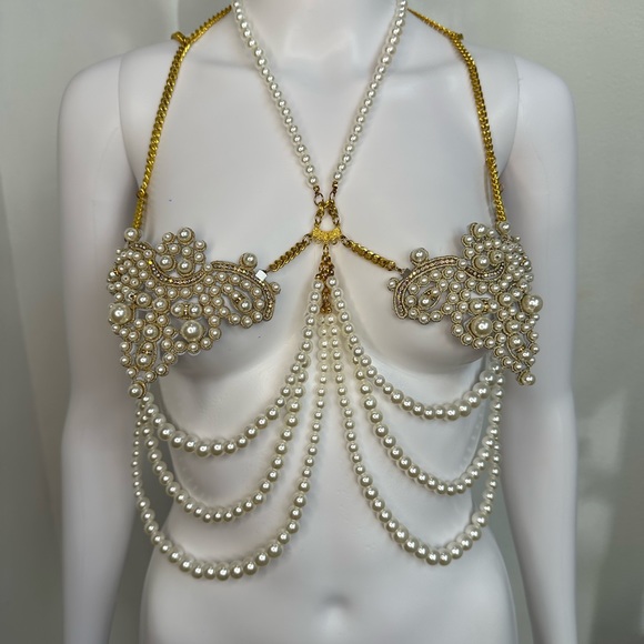 Mermaid Pearl Rhinestone & Gold Chain Jewelry Top fits B-D cup Handmade Unique - Picture 7 of 15